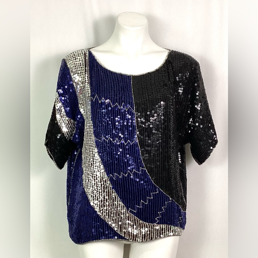 J.L.B.-pure silk, sequin glitter top – size L